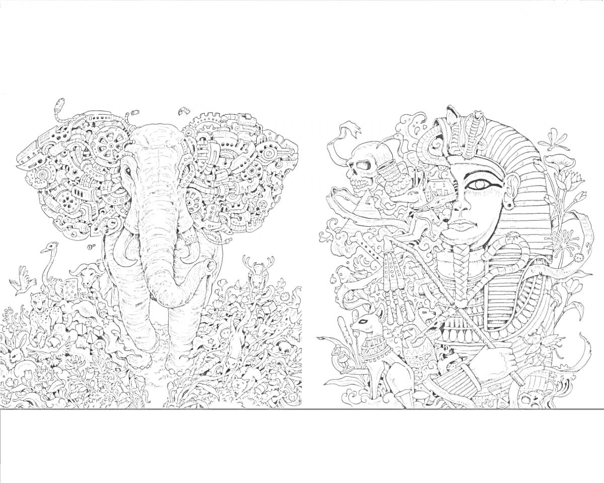 Раскраска Ананасный слон и египетская королева, состоящие из сложных деталей и мелких элементов, окруженные тропической растительностью и древнеегипетскими символами