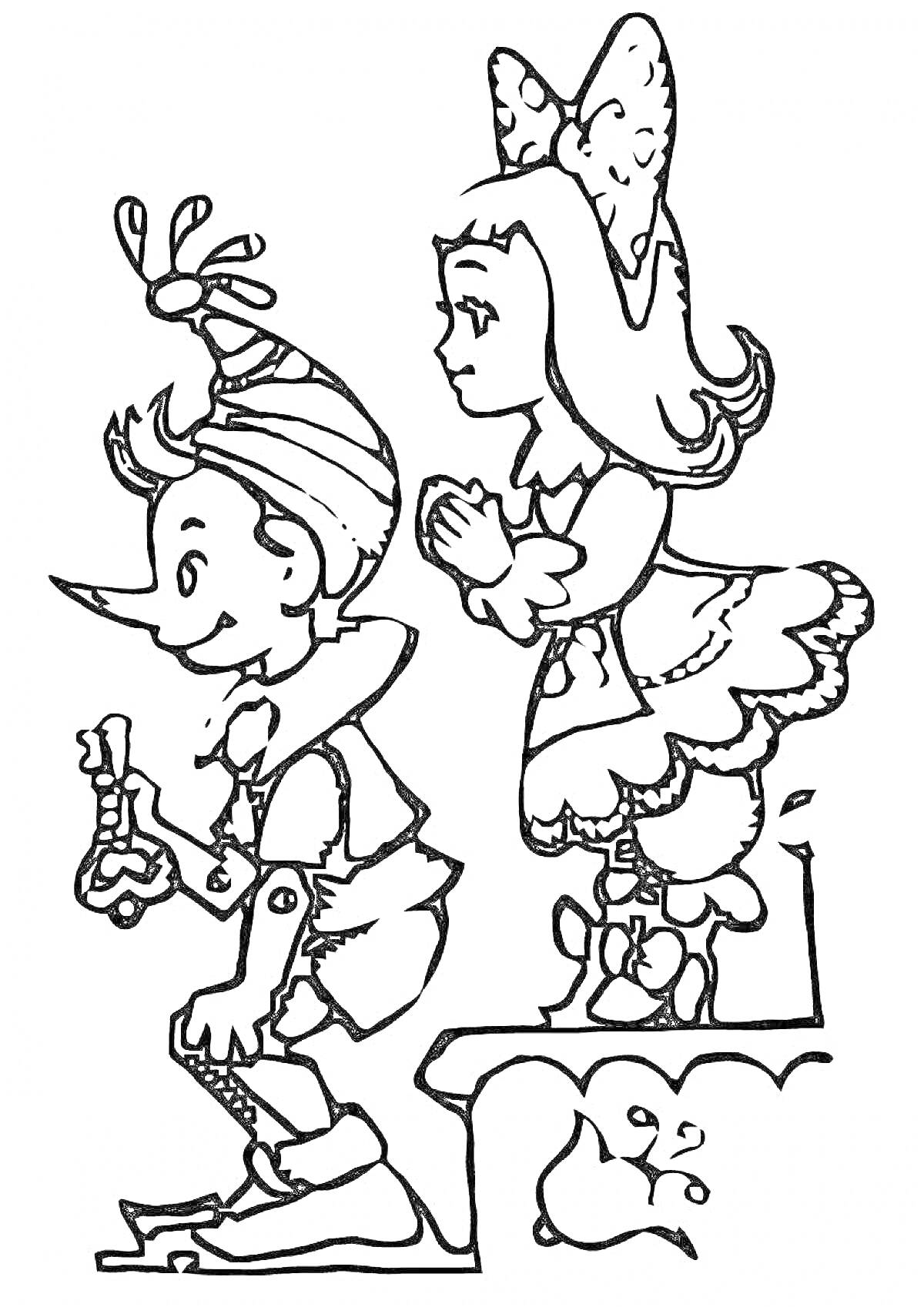 На раскраске изображено: Буратино, Мальвина, Сказочные персонажи, Ключ, Для детей