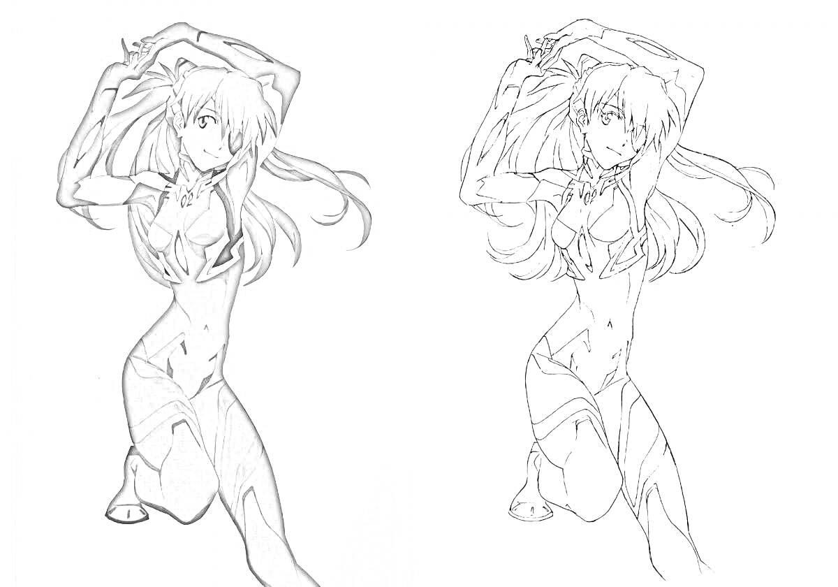 Раскраска Аска Лэнгли в костюме и в купальнике, бок о бок, со специфическими позами руках над головой, готовая для раскраски