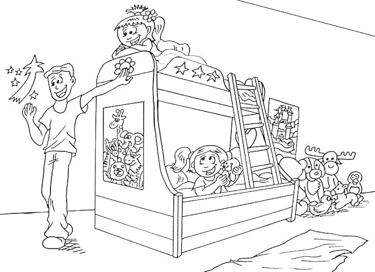 Раскраска Игровая комната с двухъярусной кроватью, малышом, подушки, игрушки, рисунки на стене и улыбающимся взрослым
