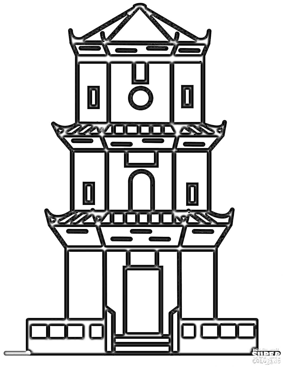 Раскраска Трёхъярусная пагода с элементами крыши, окнами и входной дверью, окруженная оградой