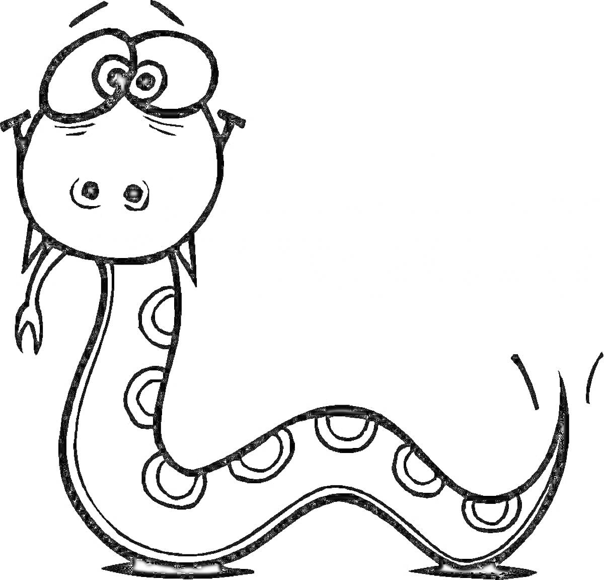 Раскраска Змейка с большими глазами и узорами в виде колец на теле