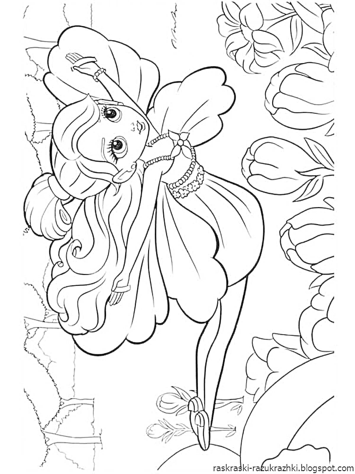 Раскраска Фея с длинными волосами в полете с цветами и листьями на фоне