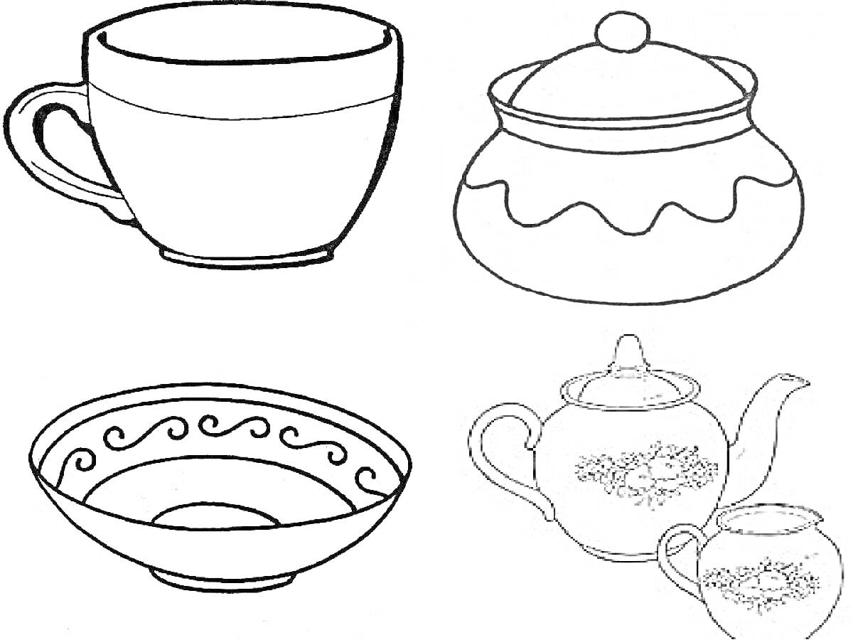 Раскраска Чашка, сахарница, тарелка с узором, чайник с чашкой
