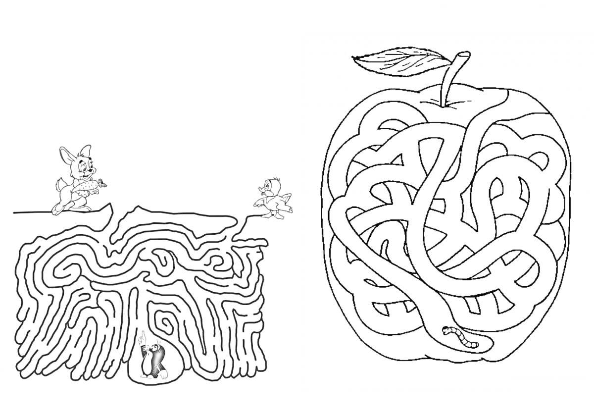 Раскраска Лабиринты с мышкой, яблоком и червяком