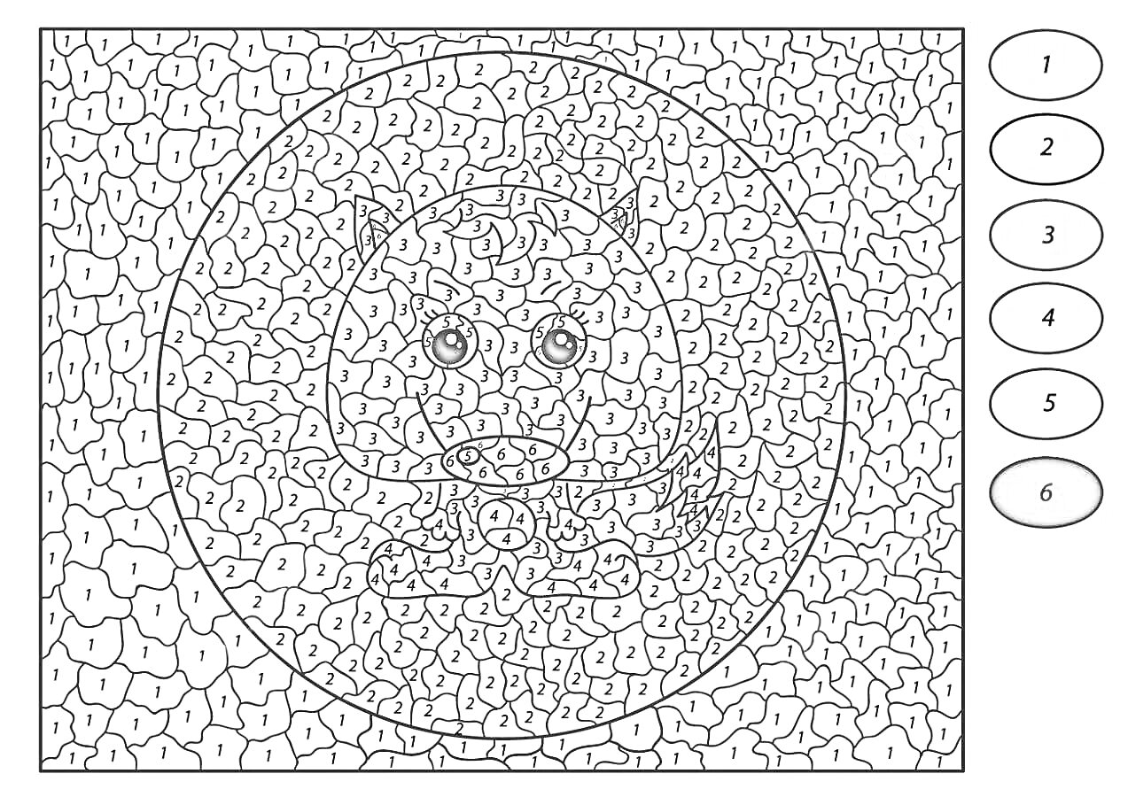 Раскраска Раскраска игры по цифрам для взрослых с изображением котенка в круге на закрашенной основе