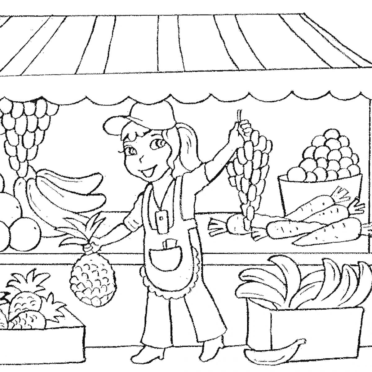 На раскраске изображено: Продавец, Рынок, Фрукты, Овощи, Виноград, Ананас, Морковь, Груши
