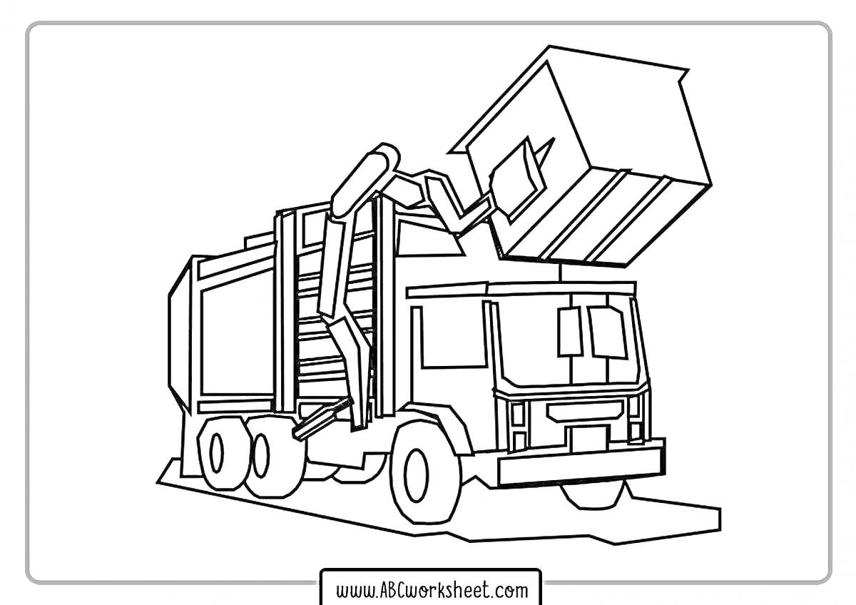 На раскраске изображено: Мусоровоз, Контейнер, Кран, Транспорт, Уборка, Отходы