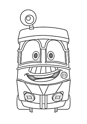 На раскраске изображено: Робот, Поезд, Железнодорожный транспорт, Широкая улыбка, Из мультфильмов, Антенны