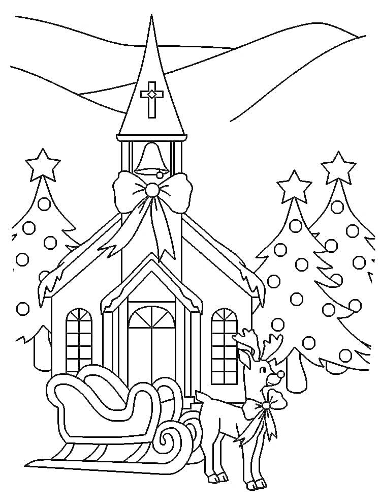 На раскраске изображено: Рождество, Церковь, Сани, Северный олень, Снег, Рождественский венок