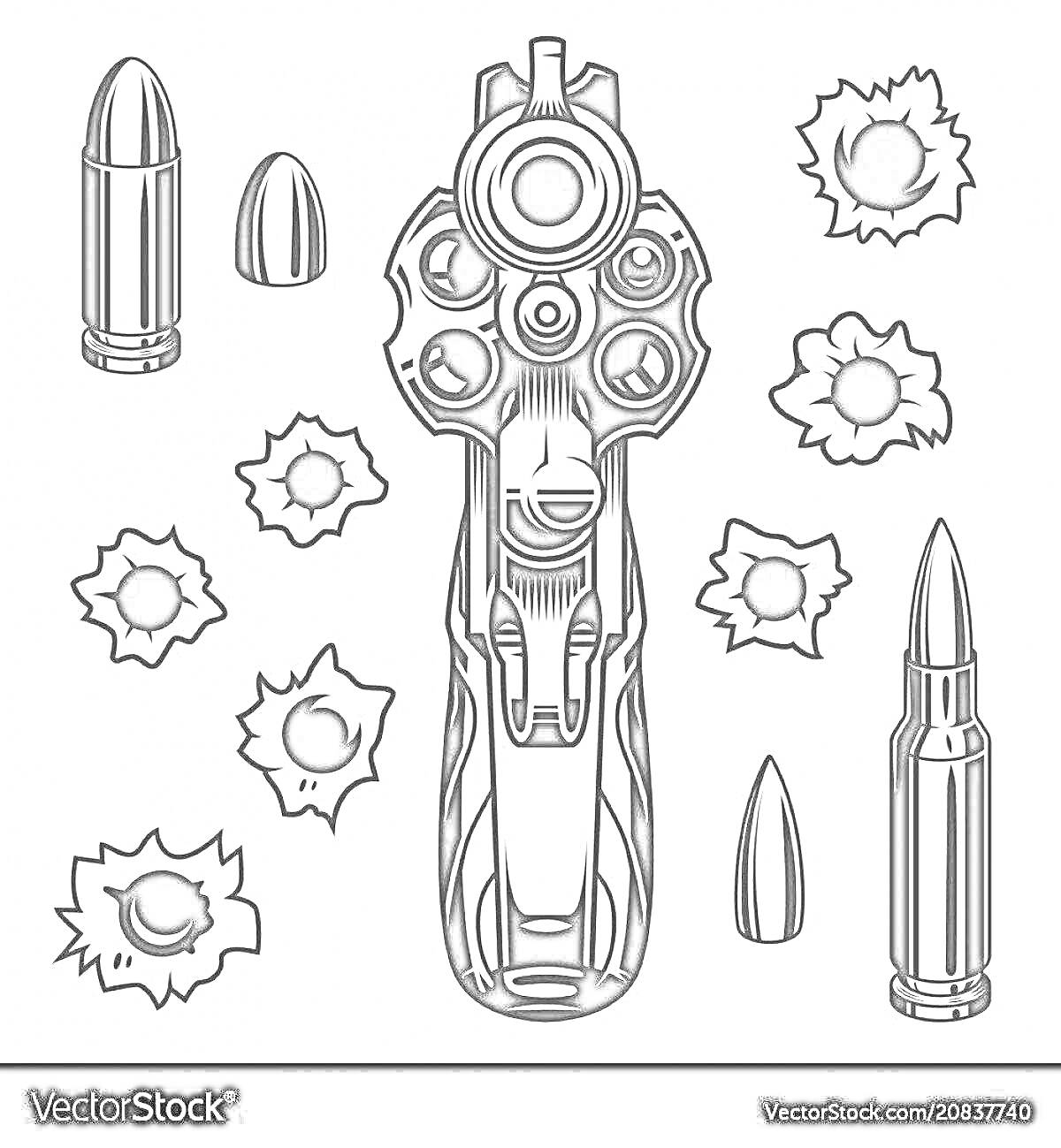 Раскраска Револьвер, пули и отверстия от пуль