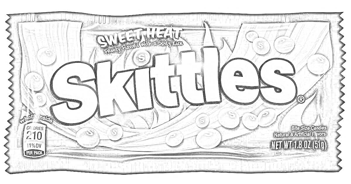 На раскраске изображено: Skittles, Конфеты, Упаковка, Сладости, Логотипы
