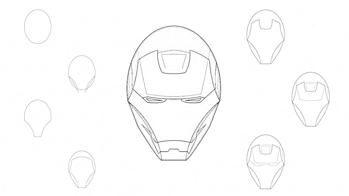 Раскраска Маска Железного Человека с различными стадиями раскраски от контура до закрашенного