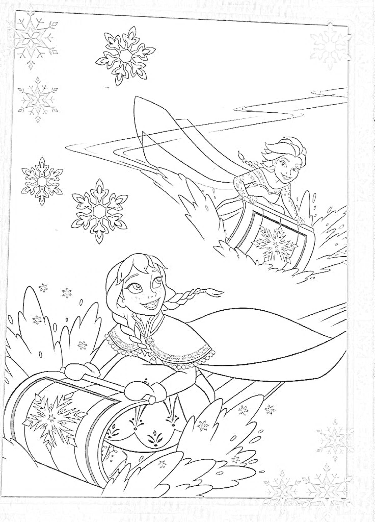 Раскраска Снежная королева и принцесса на санях среди снежинок