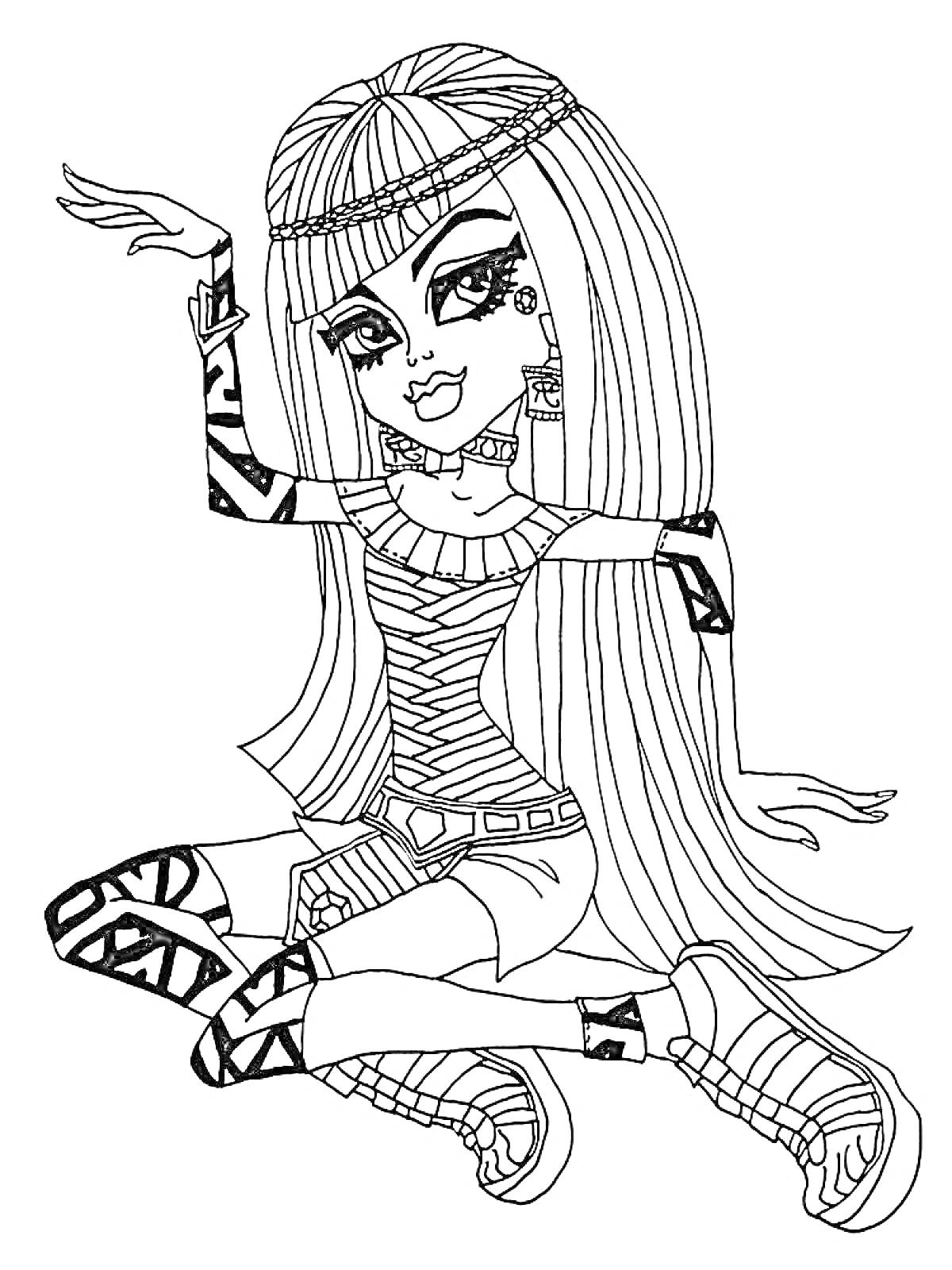 Раскраска Девушка из Монстр Хай с длинными волосами, одетая в короткие шорты, топ с узором, украшения и обувь с рисунками