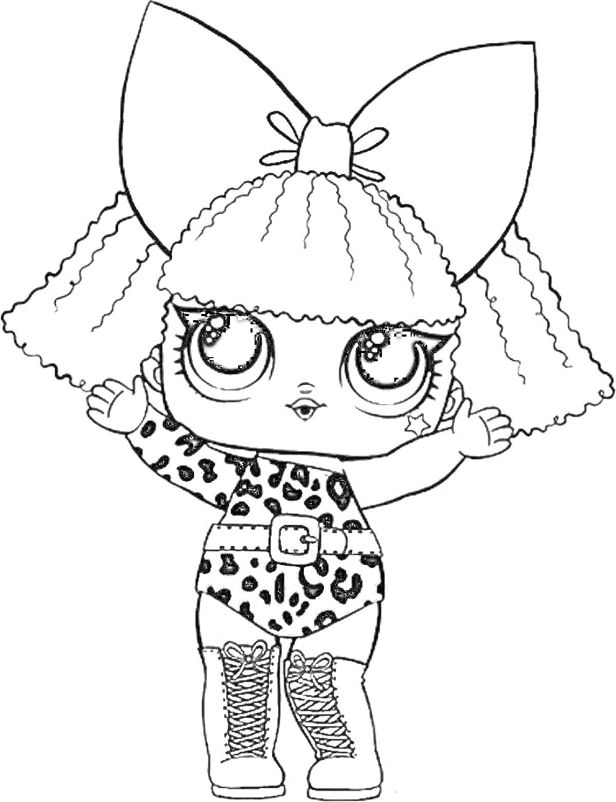 РаскраскаКукла Лол в леопардовом костюме с большими глазами, косичками, бантом на голове и ботинками