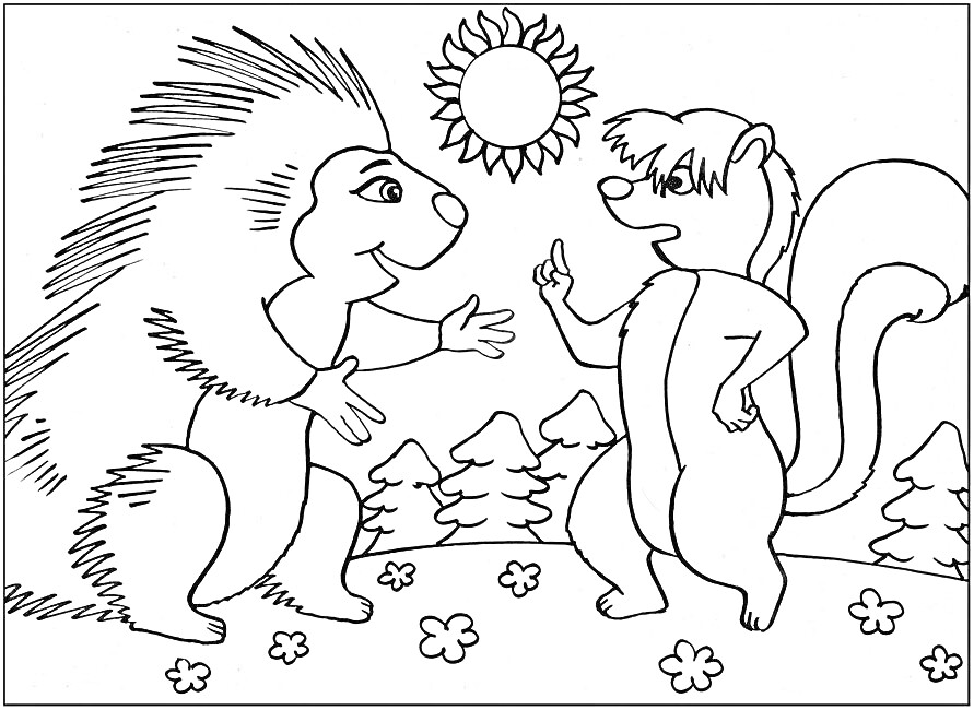 Раскраска Два лесных зверя (еж и скунс) на поляне с деревьями, цветами и солнцем