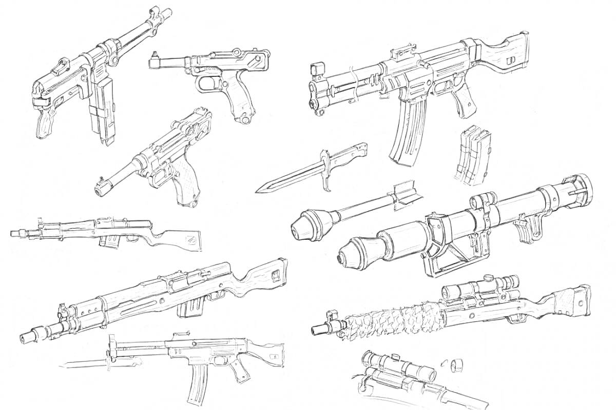 На раскраске изображено: Оружие, Автомат, Пистолет, Винтовка, Гранатомет, Патроны, Стрельба, Военное оборудование