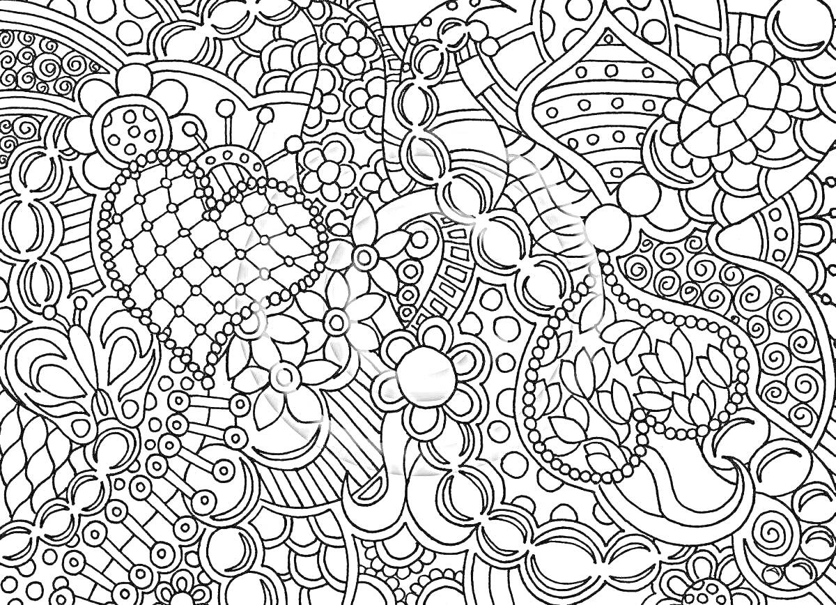 Раскраска Абстрактный орнамент с сердцами, цветами и кругами