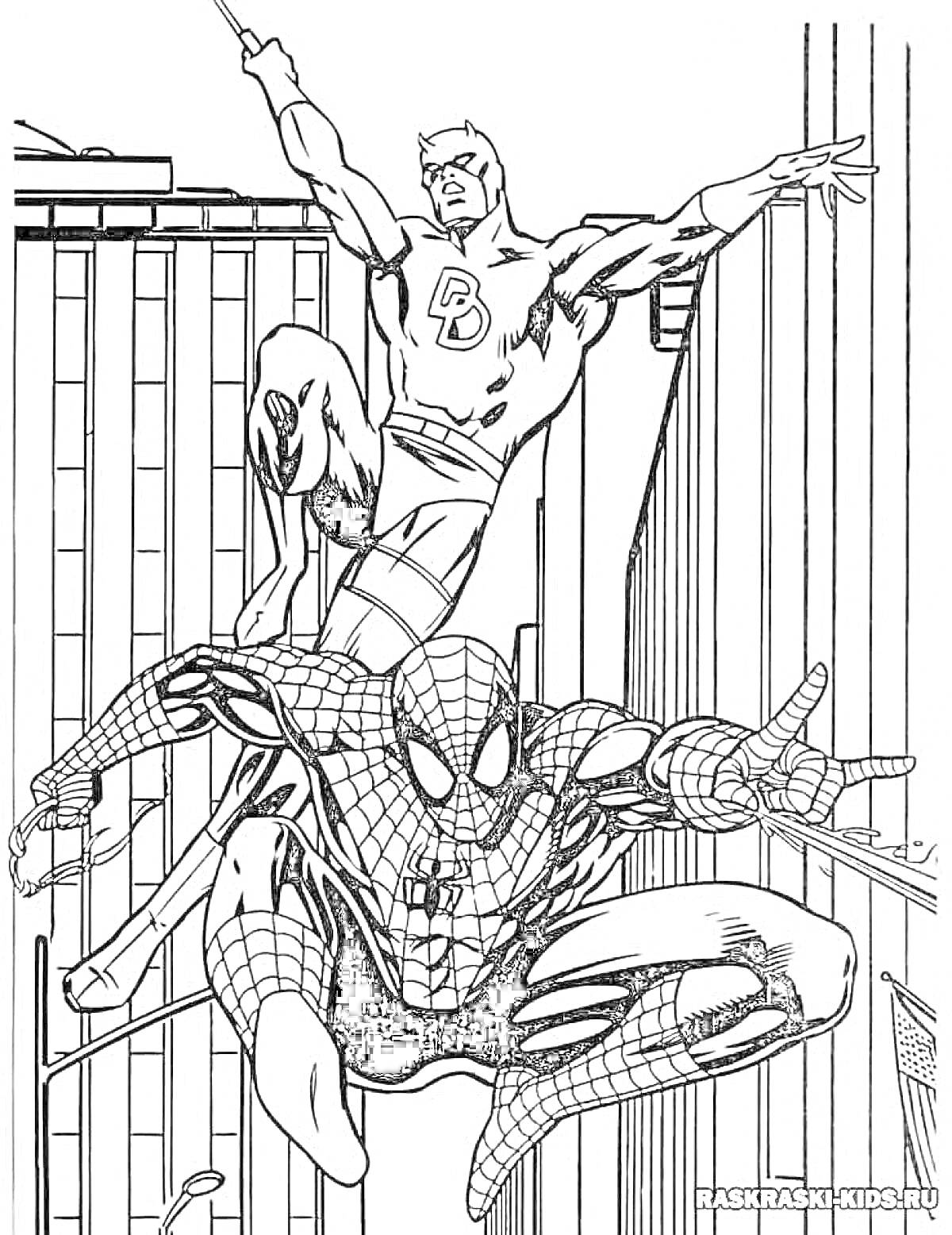 Раскраска Человек-паук и супергерой среди небоскребов