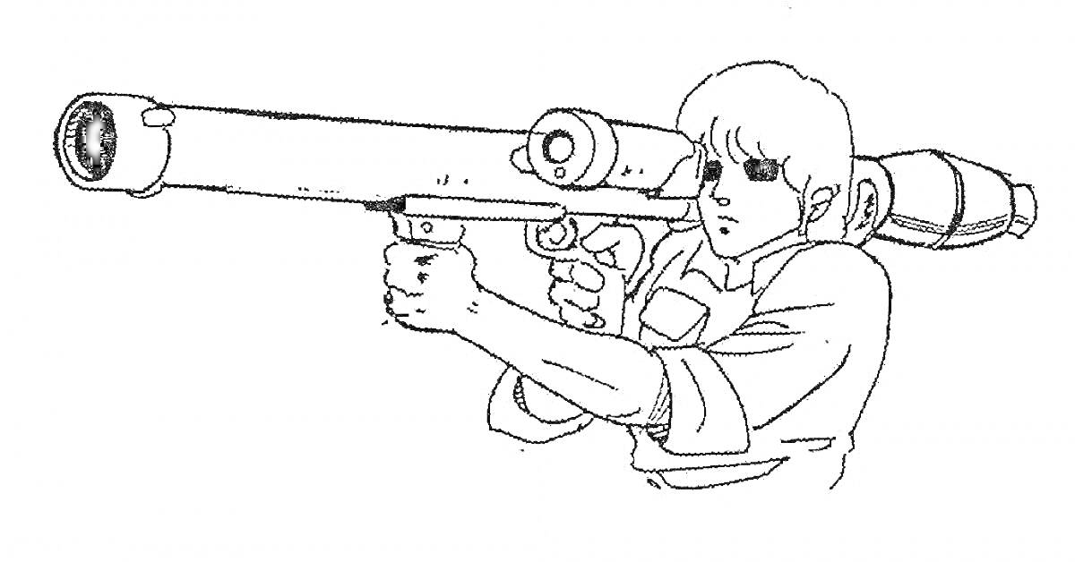 На раскраске изображено: Гранатомет, Оружие, Человек, Выстрел, Военная техника