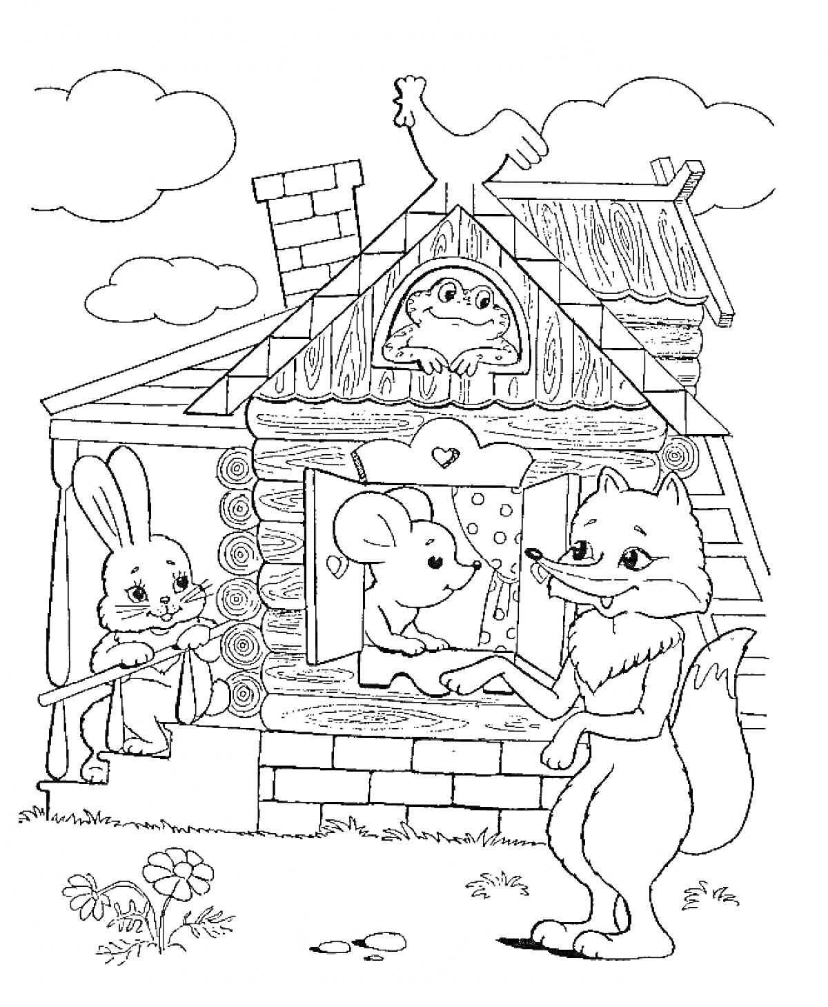 Раскраска Теремок с мышкой, зайцем, лисой и петухом на крыше