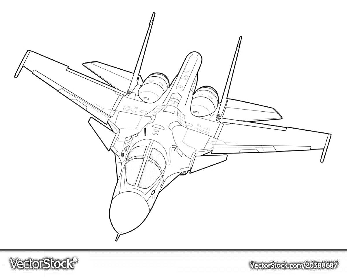 Раскраска Ракурсовое изображение самолета МиГ-29 с четко прорисованными элементами крыльев, фюзеляжа, кабины и двигателей.