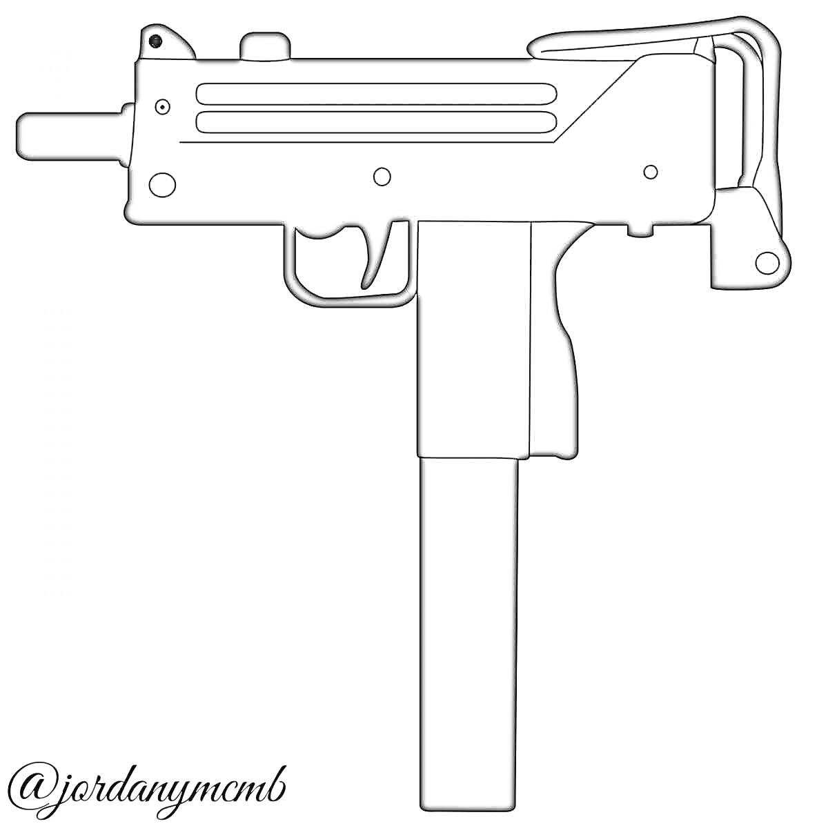 Черно-белое изображение пистолета-пулемета Узи с логотипом.