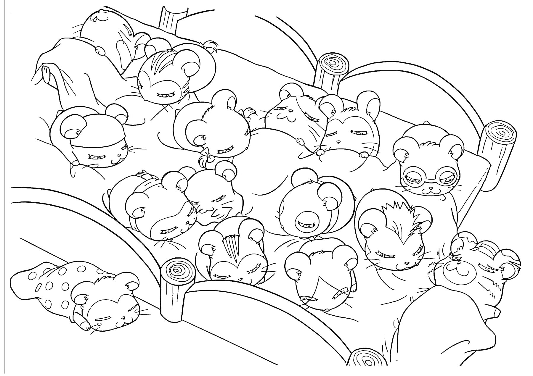 Раскраска Спящие милые мышки на кровати