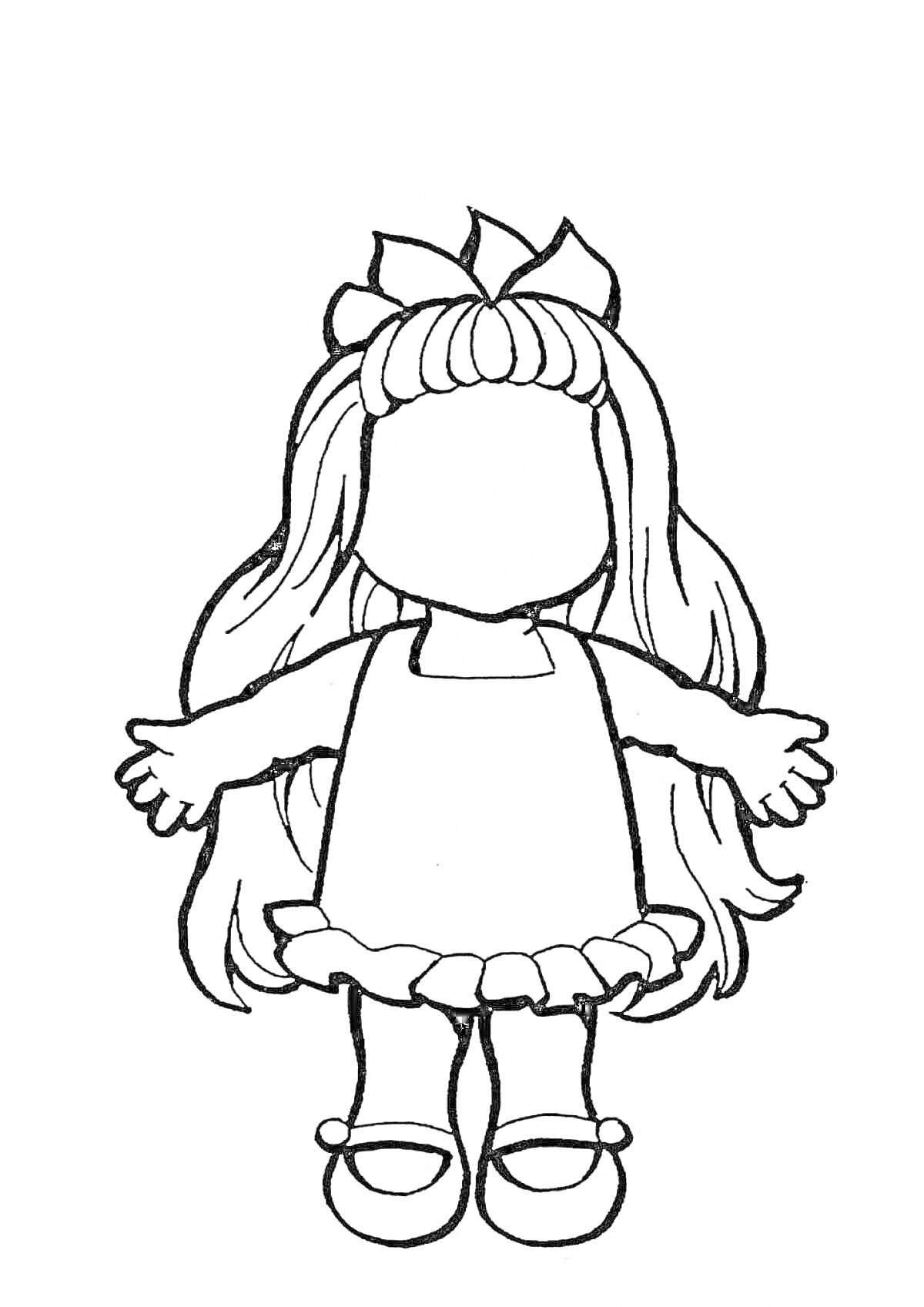 Раскраска Куколка с бантом на голове и длинными волосами в платье и туфельках