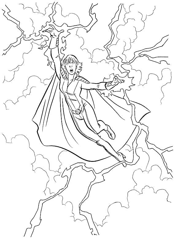 Раскраска Персонаж Люди Икс в плаще, летящий среди молний