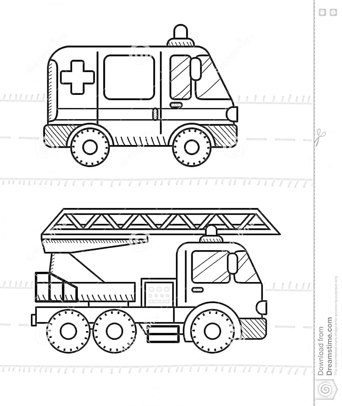 Раскраска с машиной скорой помощи и пожарной машиной с лестницей
