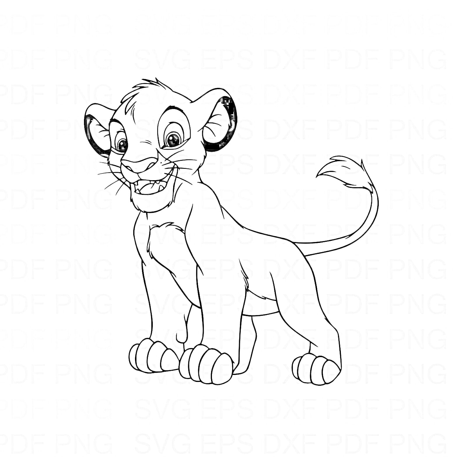 На раскраске изображено: Симба, Лев, Большие уши, Пушистый хвост