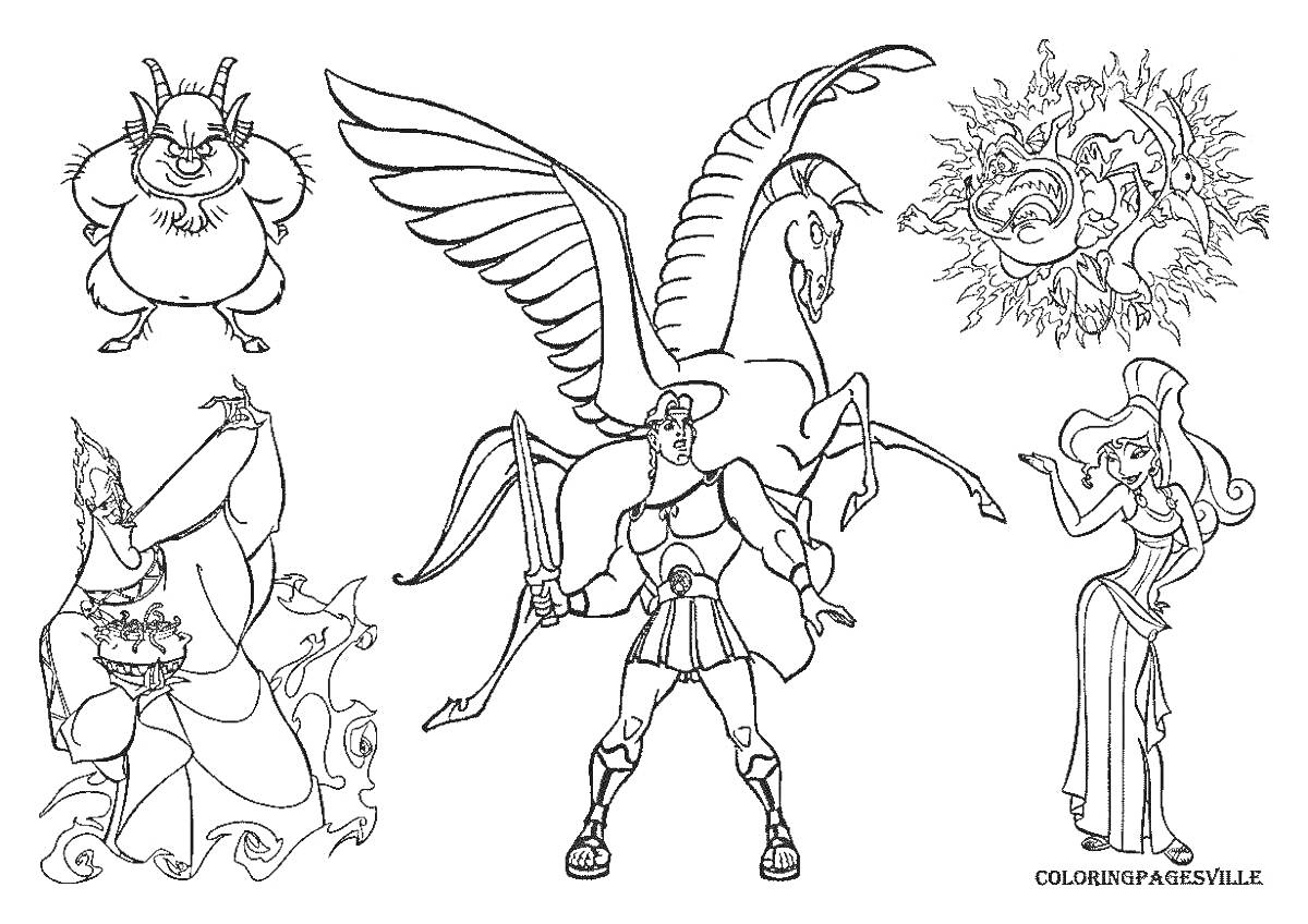 На раскраске изображено: Древняя Греция, Геракл, Кентавр, Мифологические существа, Ваза, Крылатый конь, Мифические существа
