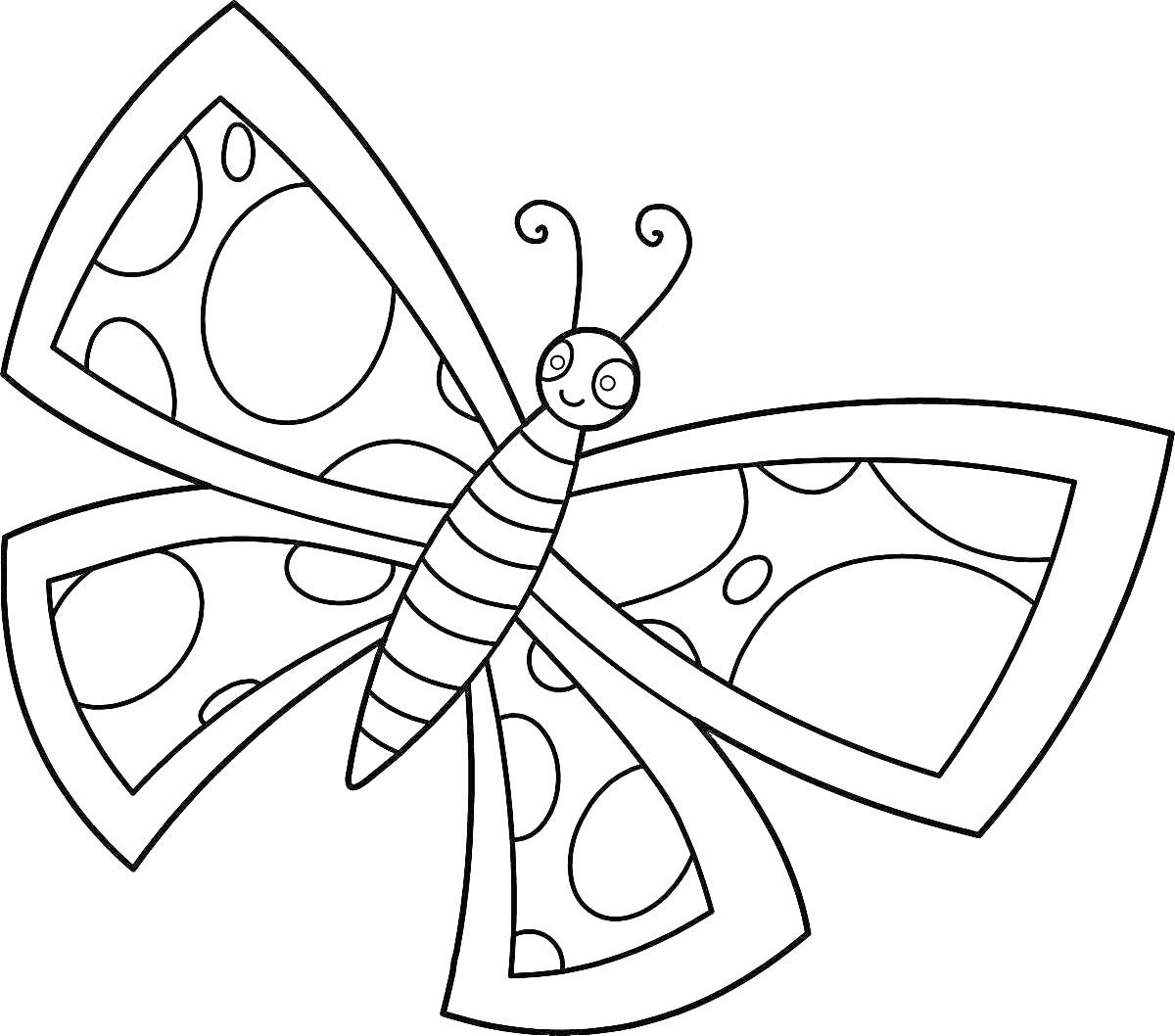 Раскраска Бабочка с круглыми узорами на крыльях и полосатым телом