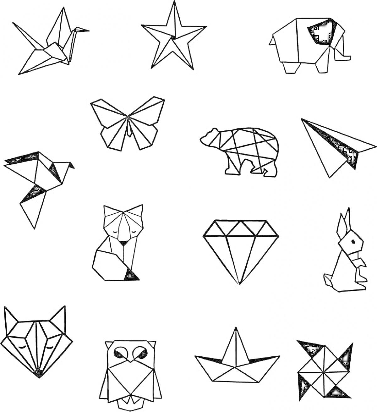 Замысловатые оригами фигуры - журавль, звезда, слон, бабочка, медведь, бумажный самолетик, птица, лиса, драгоценный камень, кролик, волк, сова, кораблик, мельница