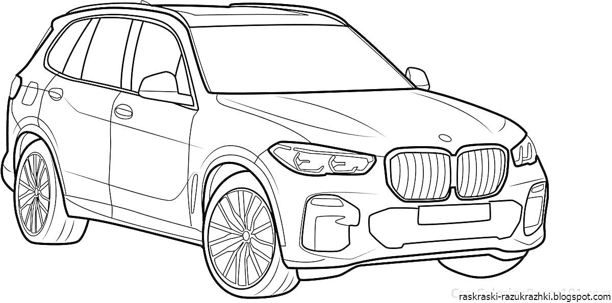 Раскраска Раскраска BMW, кроссовер, передняя часть автомобиля, окна, фары, решетка радиатора, колеса