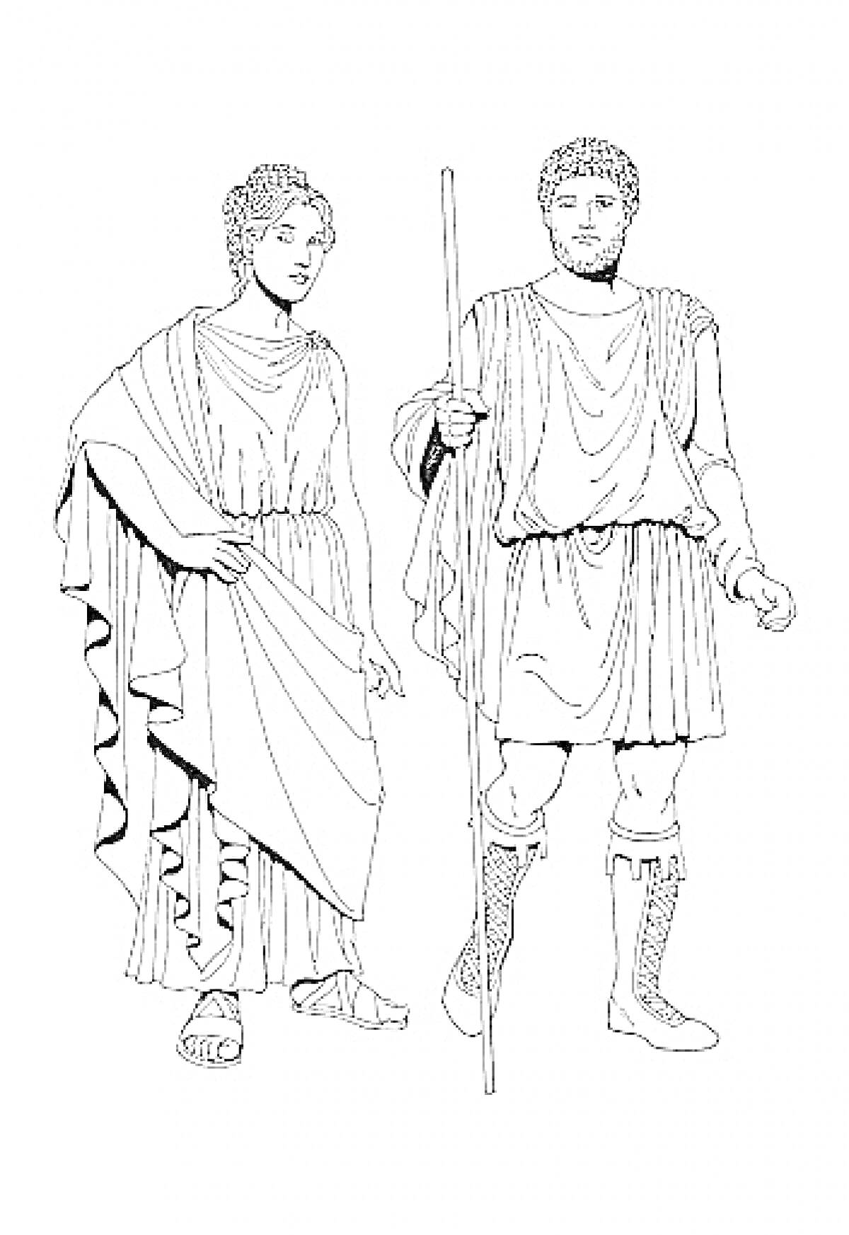 Мужчина и женщина в традиционной одежде Древней Греции, мужчина держит посох