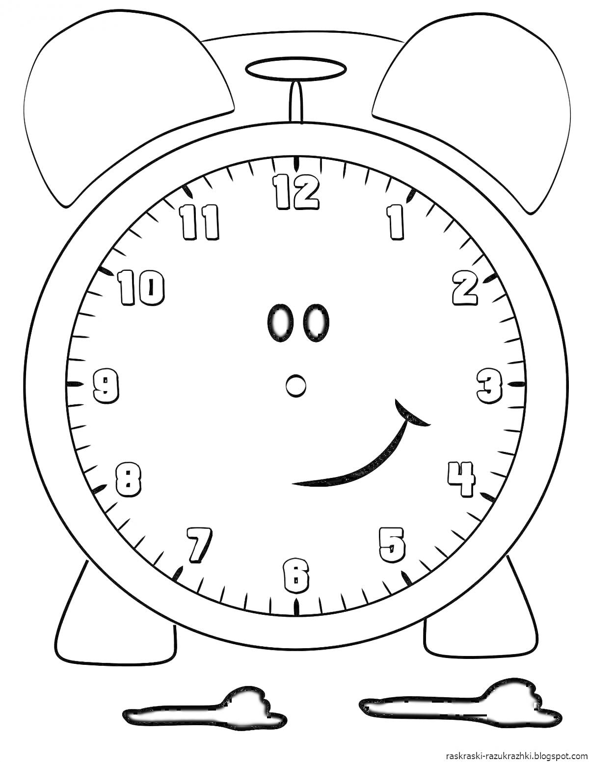 Раскраска Будильник с лицом, с часами от 1 до 12, две ножки и две ушки-наушники