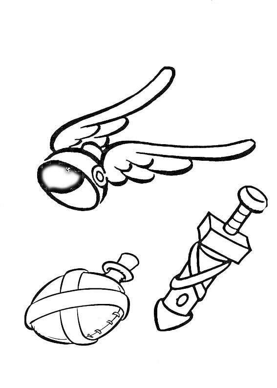 Раскраска Шлем с крыльями, кинжал и фляга из комиксов про Астерикса и Обеликса