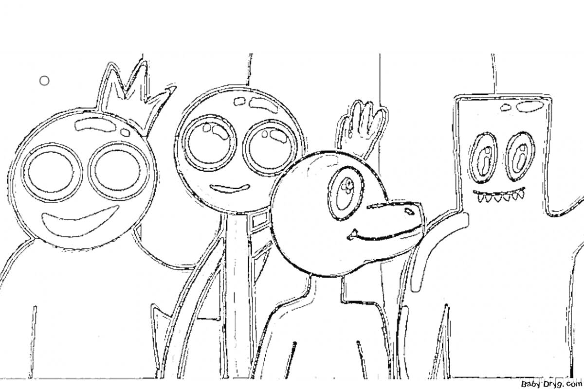 Раскраска Радужные друзья Роблокс вместе, круглоглазые персонажи, один в короне, один с одной рукой поднятой, один с головой куба.