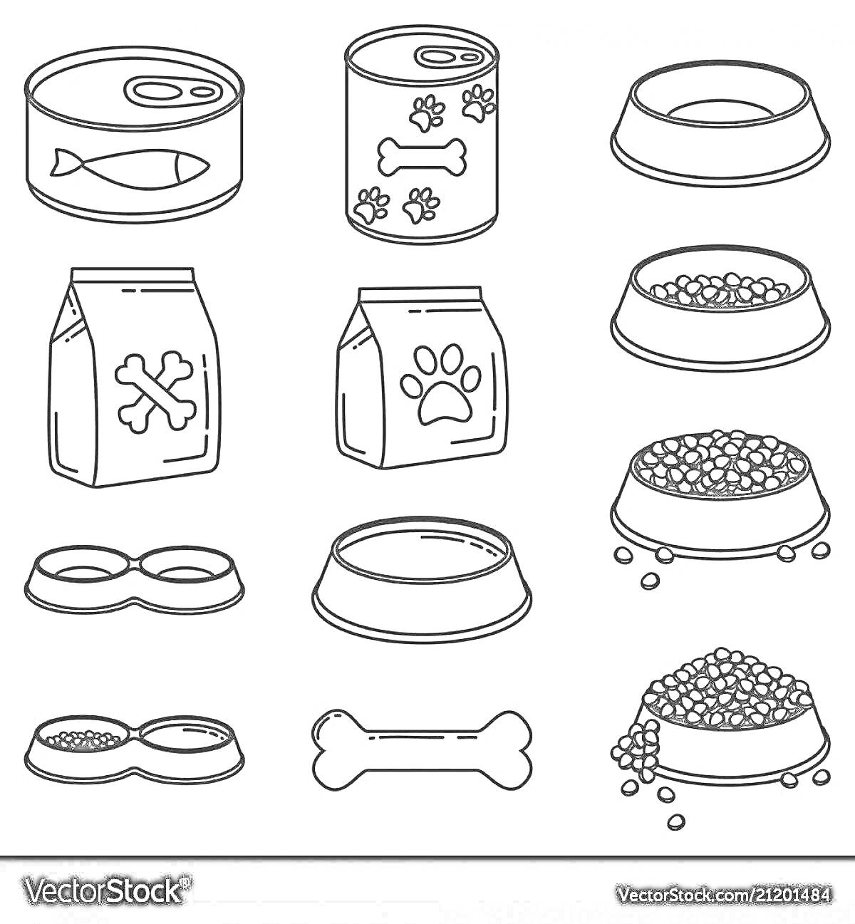Раскраска Банка с изображением рыбы, Банка с изображением косточки и лап, Пустая миска, Мешок с изображением косточки, Мешок с изображением лапы, Полная миска с кормом, Двойная миска с кормом, Пустая миска, Полная миска с кормом, Полная двойная миска с кормом, Кост