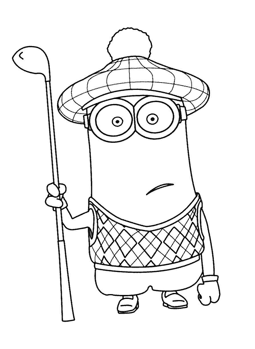 Раскраска Миньон с клюшкой для гольфа в шапке с помпоном и жилете