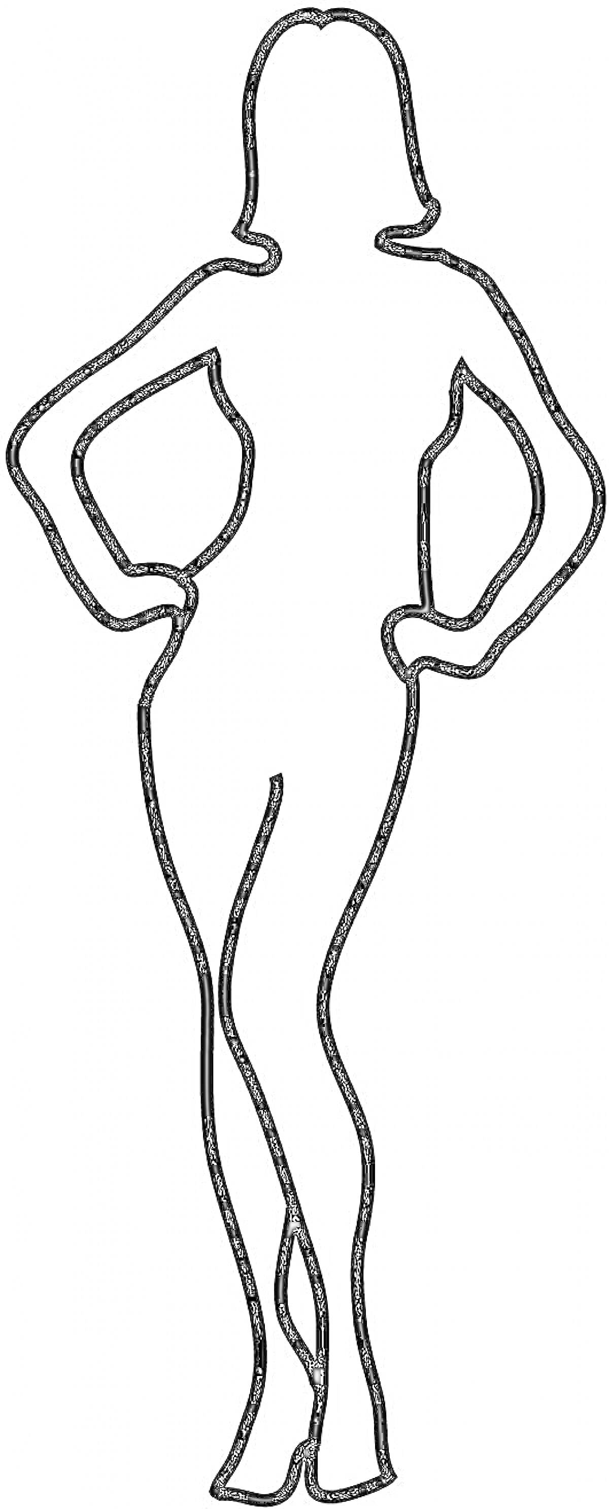 Раскраска Контурная раскраска женской фигуры в полный рост, руки на бедрах