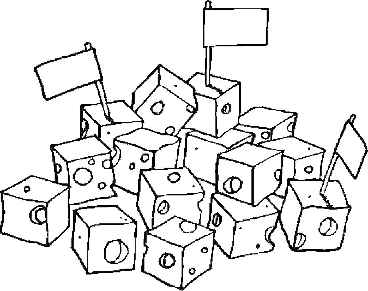На раскраске изображено: Кубики, Игра, Геометрические фигуры, Пирамида, Флаг