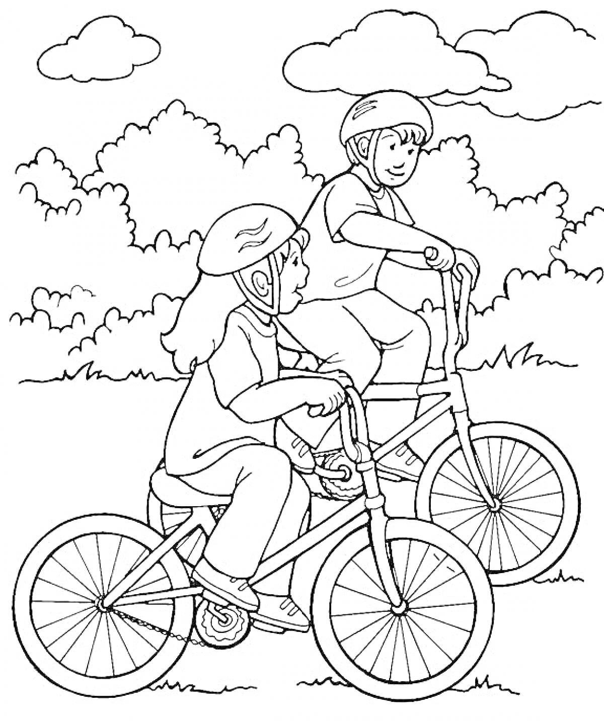 Раскраска Два ребенка на велосипедах в шлемах на фоне деревьев и облаков