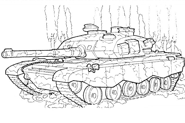 Раскраска Современный тяжелый танк на фоне деревьев
