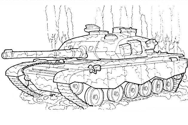 На раскраске изображено: Танк, Военная техника, Оружие, Бронетехника, Колеса, Гусеницы, Лес, Деревья, Природа