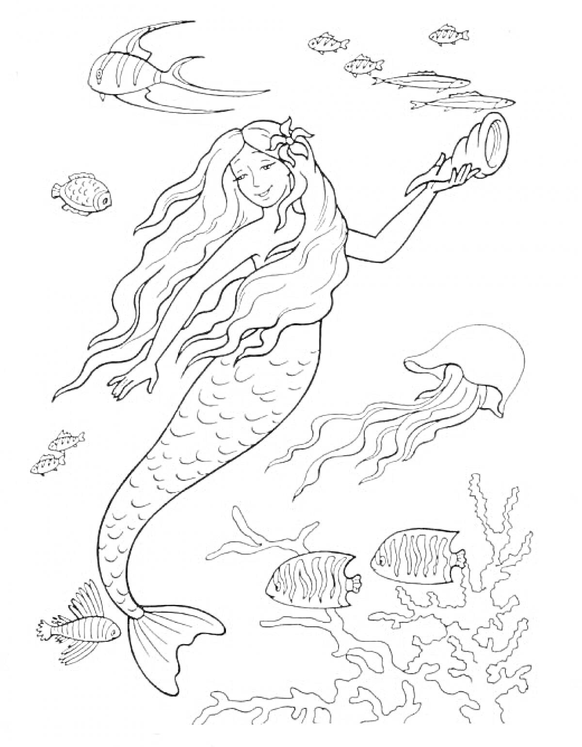 Раскраска Русалка с зеркалом среди подводных существ и кораллов (рыбы, медуза, морские растения)