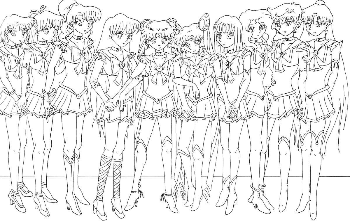 Раскраска Большая группа девушек-аниме в школьной форме